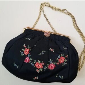Vtg 1940s Black Satin Embroidered Floral Gold Chain Evening Shoulder Bag France